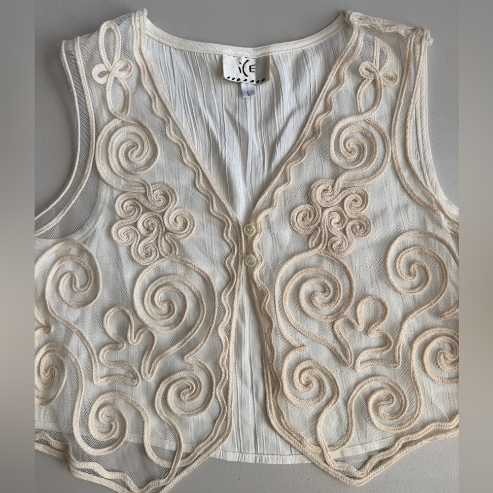 🤍⚜️ICE Ecru Cream Mesh Vest Passementerie Trim NEW